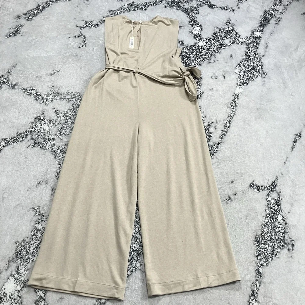Max Studio Wide Leg Jumpsuit Size Small NWT Beige Sleeveless Tie Waist Minimal - Picture 8 of 15